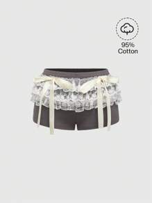 ROMWE Avant Ballet Style Lace Mesh Layered Shorts With Bow Detail, Ultra-Low Waist, Athleti - Grey - View 1