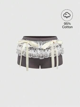 ROMWE Avant Shorts con diseño de lazo, de cintura ultra baja, con capas de encaje y malla estilo ballet, de estilo atlético