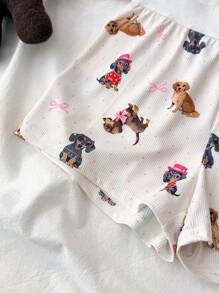 SHEIN Teen Girls Spring & Summer Valentine's Day Homewear, Clean Girl/American Vibe Floral Lace Bowknot-Dye Camisole And Shorts Pajama Set, Comfortable For Home, Outdoor, Casual Wear, Cute Dog Design - Apricot - View 6