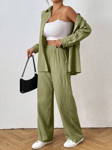 SHEIN PETITE Bộ 2 áo sơ mi dài tay màu trơn và quần dài cho nữ, tối giản và thời trang, phù hợp cho mùa hè - màu xanh lá - Xem 5