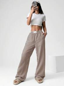 SHEIN EZwear Brown Striped Woven Casual Wide Leg Pants For Women
