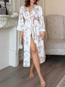 DAZY Floral Print Satin Long Robe For Women Pajama - White - View 6