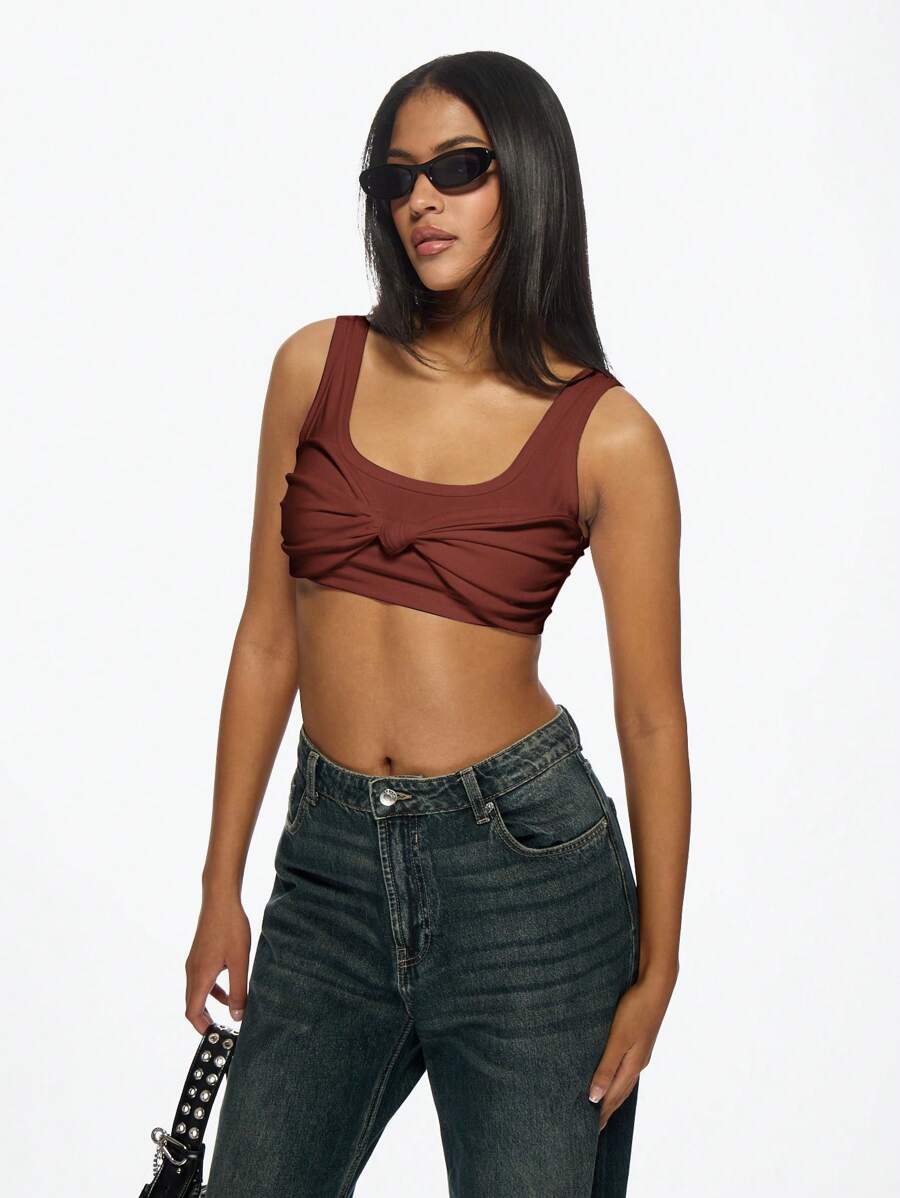 MISSGUIDED Atasan Tank Top Crop dengan Simpul Depan, Bralette Tanpa Lengan untuk Musim Panas, Yoga, Olahraga, Gym, Latihan Atletik, Pelatihan Dasar, Studio Tari, Kasual, Pakaian Sehari-hari, Pakaian Aktif Penting - Mocha Brown - View 1