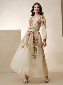 Anewsta Vestido elegante de manga larga con cuello en V, cintura y manga acampanada con estampado floral y encaje, adecuado para vacaciones, primavera/verano, festivales, graduación