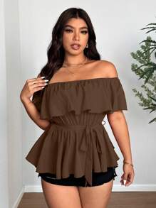 SHEIN Clasi 大码露肩纯色衬衫，夏季时尚 - 棕色 - 查看 5