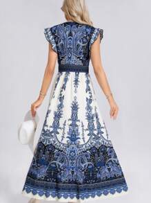 SHEIN LUNE Paisley Print Long Dress For Women With Shirred Waist And A-Line Skirt, Spring - Multicolor - View 2