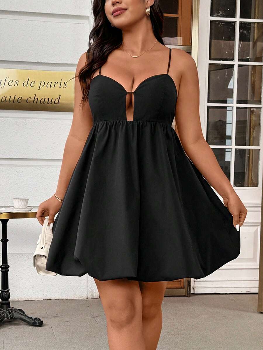 Celure 大码女式夏季优雅休闲通勤黑色拉链肩带花卉泡泡连衣裙