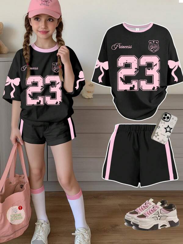 SHEIN 2pcs Tween Girls Casual Set With Bow, Number 23 Letter Print, Short Sleeve T-Shirt And Shorts, Summer