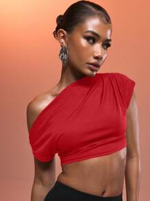 MUSERA Asymmetrical Shoulder Cropped Draped Ruched Fitted Blouse Only Sexy Ibiza Fits Spring Summer Vacation Beach 90's Y2k Tops Holiday , Autum, Winter, - Red - View 2