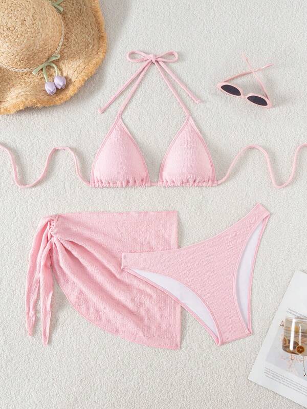 Swim Basics Set de 3 piezas para mujer compuesto por traje de baño de cuello halter de unicolor, Bottom tipo triángulo de bikini y falda de cobertura para el verano