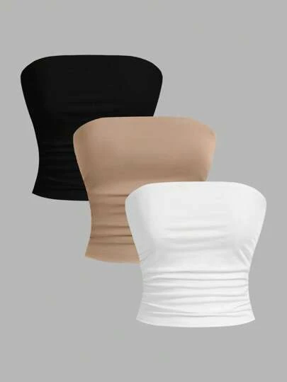 SHEIN EZwear 3pcs Women Casual Cropped Ruched Slim Camisole Top Set Tube Top