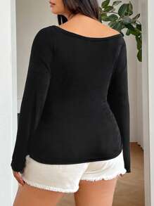 SHEIN EZwear 大码休闲度假宽松系肩卫衣，舒适居家和夏季 - 黑色 - 查看 2