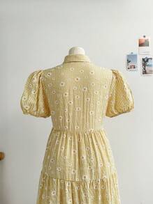 Dreamara Plus Size Women's Vacation Plaid Daisy Print Shirt Dress, Short Sleeve - Multicolor - View 4