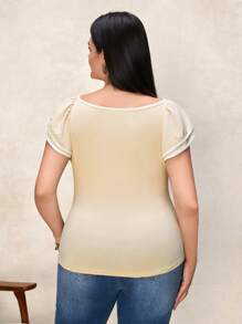 Chikora Große Größen Kontrast Bindung Rüschenverzierung Rundhals Kurzarm T-Shirt