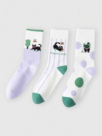 Kawaii 3 pares de calcetines casuales tipo colegial hasta el tobillo para mujer con diseño de gato de dibujos animados y puntos, para todas las estaciones