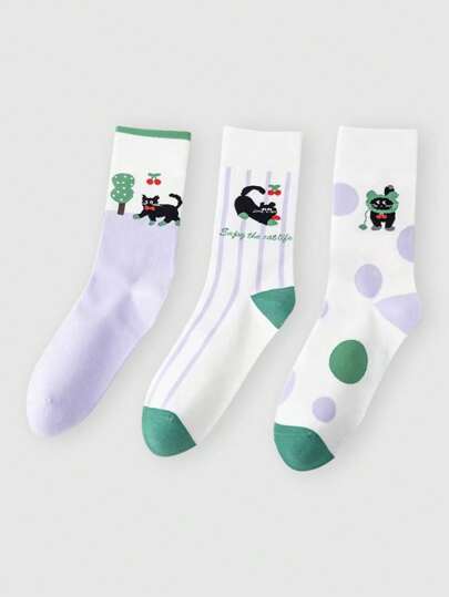 Kawaii 3 Paar Damen Cartoon süße Katzen & Punkte Muster Knöchelsocken, lässiger College-Stil Lange Socken, ganzjährig