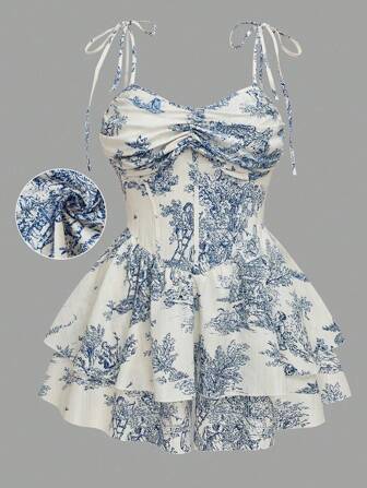 Sweetra Conjunto de verano de talla grande para mujer con tela texturizada y estampado, monos de doble capa con cintura elástica y lazada