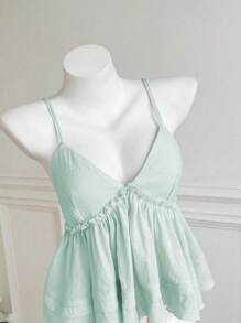 Elamini Women Solid Color Ruffle Hem Camisole Tank Top - Mint Green - View 6