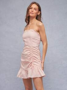 WESTFADE Summer Beach Seashell Embroidered Strapless Cute Ruched Side Fitted Sleeveless Vacation Mini Dress Spring Outfit - Baby Pink - View 3