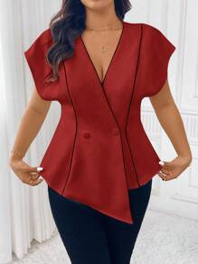 Celure Contrast Color Deep V-Neck Cap Sleeve Commuting Elegant Blazer Graduation,Back To School,Teacher Outfits For Women - Burgundy - View 3