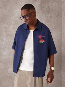 SUMWON 加州海滩度假村图案印花短袖衬衫休闲夏季纽扣领海滩俱乐部度假装宽松版型 - 藍色 - 查看 5