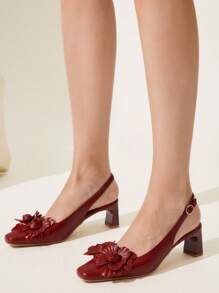 CUCCOO CHICEST Women's Retro Vintage Pu Leather Sandals With 3D Flower Decor, Elegant Square Toe Block Heel Pumps, Suitable For Date, Afternoon Tea, Garden Party, Burgundy Color - Red - View 6