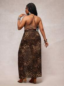 Slaydiva Spring/Summer New Arrival, Music Festival, Easter, Western Style, Nomadic Style, Bohemian, Nashville, Birthday Party, Graduation Season, Student Wear, Daily Casual, Versatile Basic, Leisure, Vacation, Cruise Travel, Beach, Sunbathing, Printed, Backless, Spaghetti Strap, Fitted Solid Bodysuit, Leopard Print Semi-Transparent Chiffon Coffee Color Wrap Skirt, Plus Size Women's Set - A - Brown - View 3