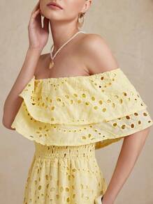 Aveloria Rosie 刺绣镂空度假荷叶边露肩松紧腰修身连衣裙，适合女士波西米亚海滩时尚风格，夏季春秋季浪漫风格灵感