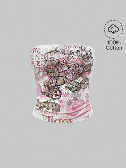 Grunge Punk Y2K Retro romantisches Rose Blumen- & Herzen-Nieten-Muster Crop Top, für Sommer Musikfestival Outfits