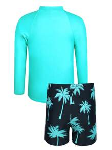 SHEIN Tween Boy Graphic Print Long Sleeve Rashguard And Allover Print Swim Trunks 2 Pieces Set Swimsuits For Tweens Long Sleeve Teen Swim Suits Long Sleeves Rashguard Kids Tween Swim Suits With Sleeves Boy Beach Outfits