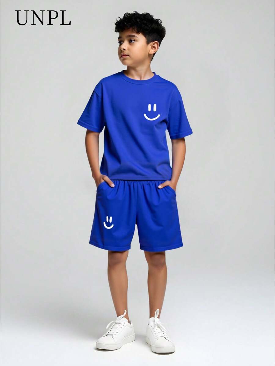 SHEIN Tween Boy Smiling Face Print Crew Neck Short Sleeve 2 Piece Set, Casual Everyday Outfit, Spring/Summer, School, Campus, College - Royal Blue - View 1