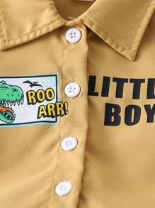 Ensemble casual de plein air pour bébé garçon, chemise à col ouvert à l'avant avec impression d'animal mignon et slogan, pantalon avec poches et chapeau seau