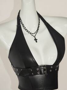 SHEIN ICON Y2K Babe 豹纹铆钉装饰露背吊带上衣搭配 PU 皮革迷你裙和金属腰带，女款 2 件套 - 黑色 - 查看 5