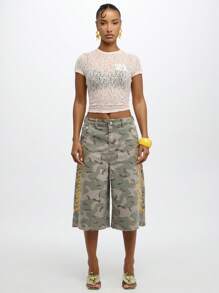 SUMWON WOMEN Lace Baby Tee Stretch Form Fitting Short Sleeve Crop Top Y2K Fashion Summer Festival Casual Basic Layer - Pink - View 5