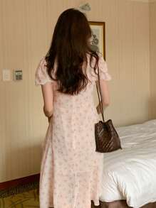 DAZY 女式圆领碎花迷你泡泡袖修身优雅夏装