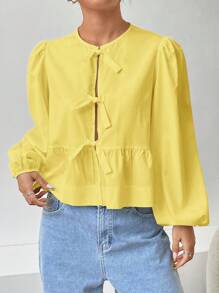 SHEIN EZwear Pale Yellow Woven Women's Lantern Sleeve Bowknot Shirt - Yellow - View 4
