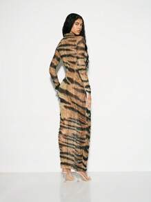 KIZN Abito lungo aderente con maniche lunghe e motivo a strisce di tigre in rete, collo alto, arricciato, per eventi serali, feste, occasioni speciali, stile elegante e vistoso