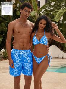 Manfinity Swimmode Men's Floral Print Drawstring Waist Beach Shorts, Hawaiian - Blue - View 1