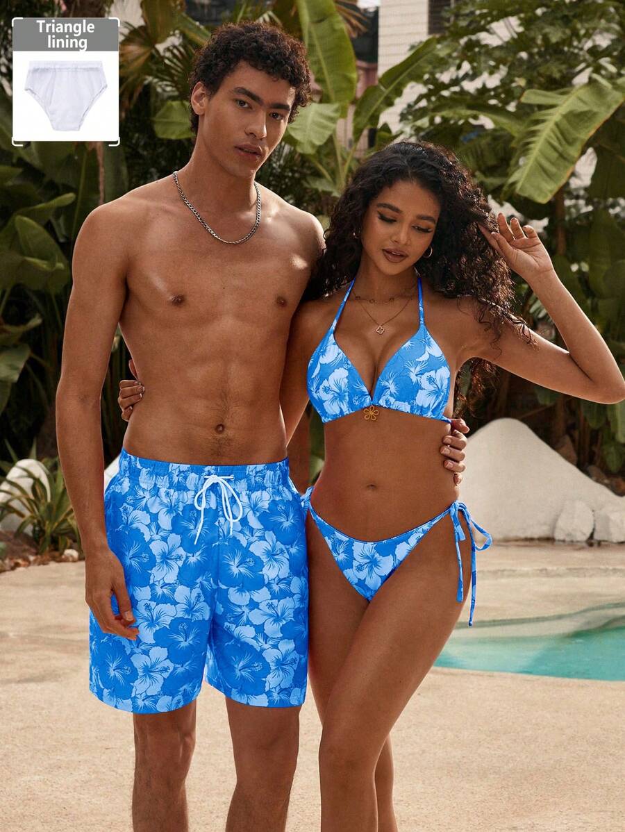 Manfinity Swimmode Men's Floral Print Drawstring Waist Beach Shorts, Hawaiian - Blue - View 1