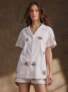 WESTFADE Spring Floral Embroidered Linen Like Button Front Short Sleeve Western Cowgirl Button Up Shirt For Summer Beach Vacation - White - View 5