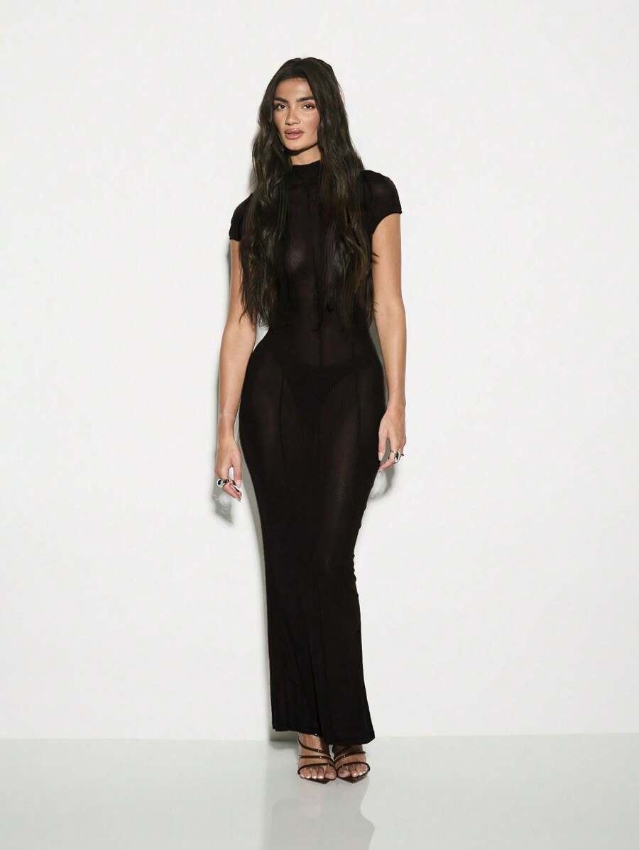 KIZN 短袖高领修身长裙网眼修身长款晚礼服节日派对俱乐部晚宴弹力全长 - 黑色 - 查看 1