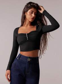 Forever 21 Women's Sweetheart Neck Rhinestone Decor Cropped Long Sleeve Top - Black - View 6