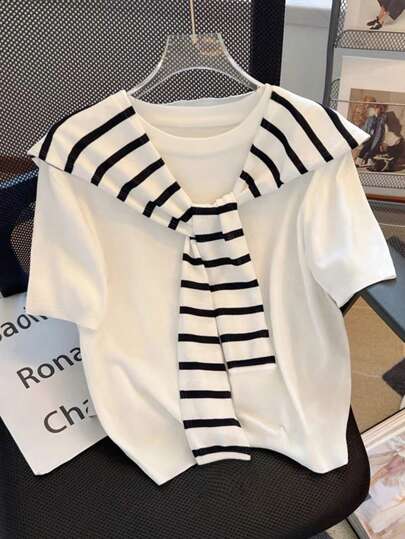 INAWLY 大码休闲通勤简约拼色短袖T恤