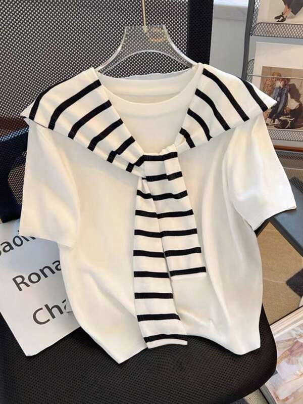 INAWLY Plus Size Casual Commuting Simple Color Block Short Sleeve T-Shirt