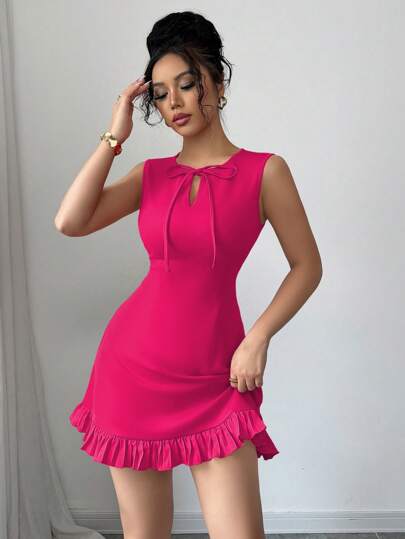 Elenzga Nuevo vestido mini ajustado de mujer con cuello redondo, diseño de lazo, abertura lateral sin mangas, vestido de oficina, cita y fiesta, elegante y versátil con diseño de color block y volantes