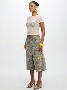 SUMWON WOMEN Lace Baby Tee Stretch Form Fitting Short Sleeve Crop Top Y2K Fashion Summer Festival Casual Basic Layer - Pink - View 6