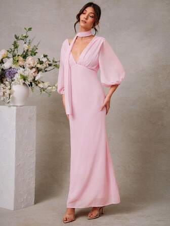 L'Amorae 优雅淡粉色雪纺泡泡袖正式长裙，配颈巾装饰，女士婚礼宾客礼服，女士夏季服装，母亲节