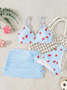 Tween Girls Baby Blue Strawberry Print Three-Piece Bikini Set With Spaghetti Strap Top And Drawstring Skirt
 Tween Girls Strawberry Print Bikini Set With Sarong Adorable Baby Blue Strawberry Print Bikini Set For Tween Girls: Spaghetti Strap Top Matching Bottoms And Cute Skirt - Baby Blue - View 1