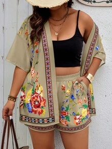 SHEIN Clasi 2pcs Plus Size Random Floral Print Short Sleeve Shirt And Shorts Set, Fashionable Suitable For Summer - Multicolor - View 6