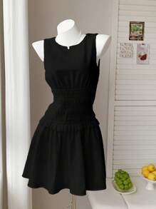 SHEIN EZwear Váy mini không tay nhún eo mùa hè - màu đen - Xem 2